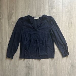 LOFT Navy Blue Clip Ruffle Bib Blouse (S) NWOT
